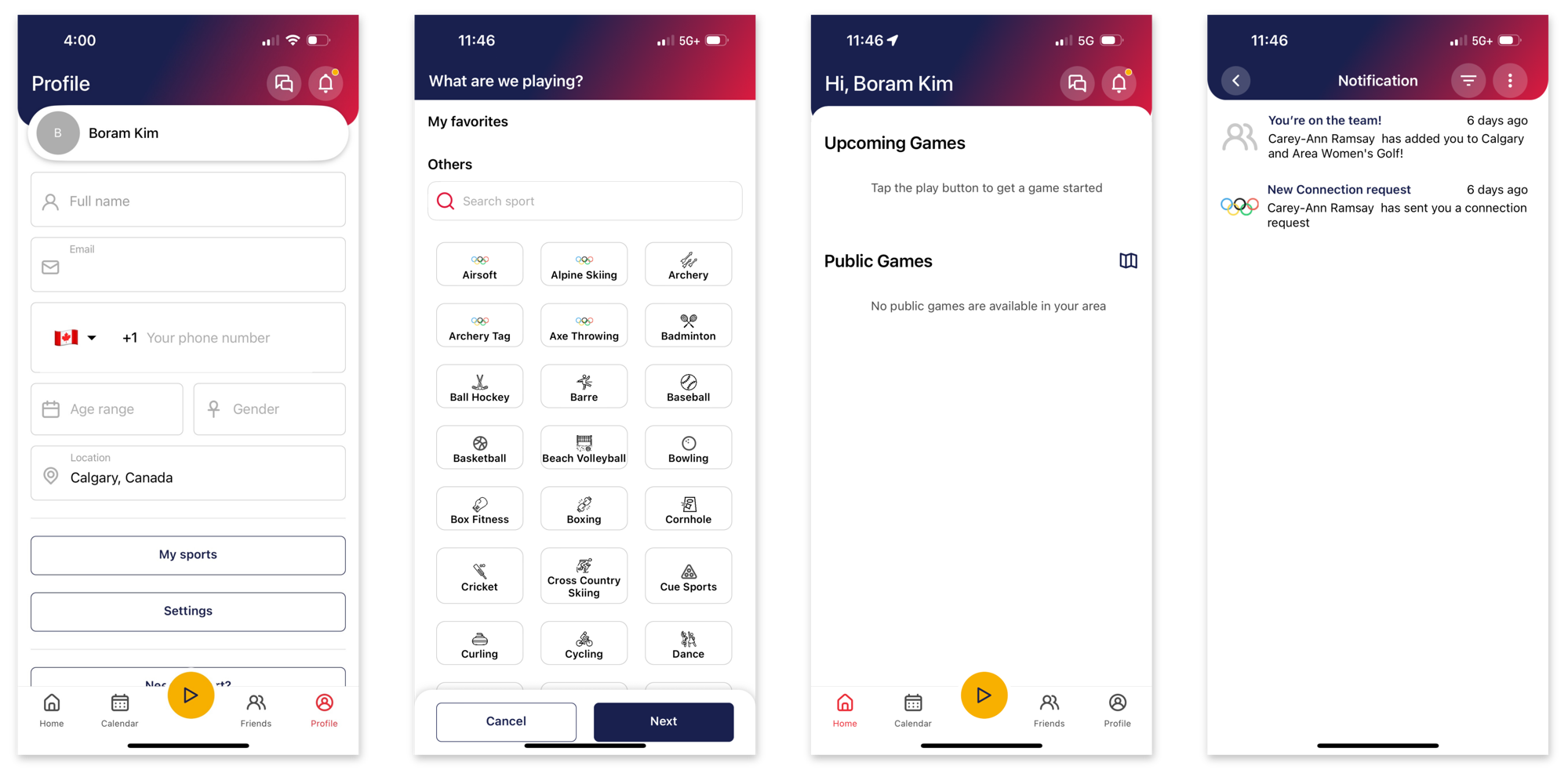 Existing Cudagra screens: profile, sport picker, home dashboard, and notifications