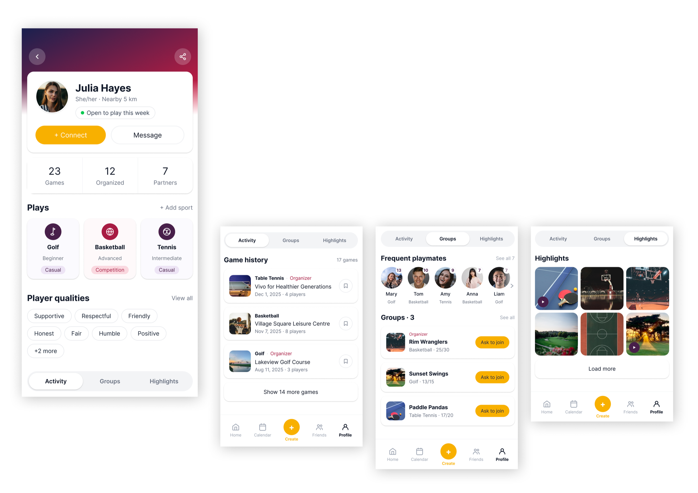 The redesigned Cudagra profile: main profile screen plus Activity, Groups and Highlights tabs