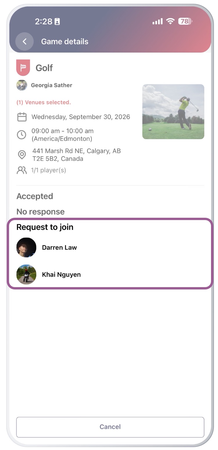 Shipped Cudagra game details screen with the Request to join list highlighted