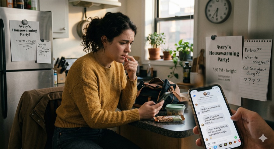 Guest anxiously texting about a party's ingredients before heading over