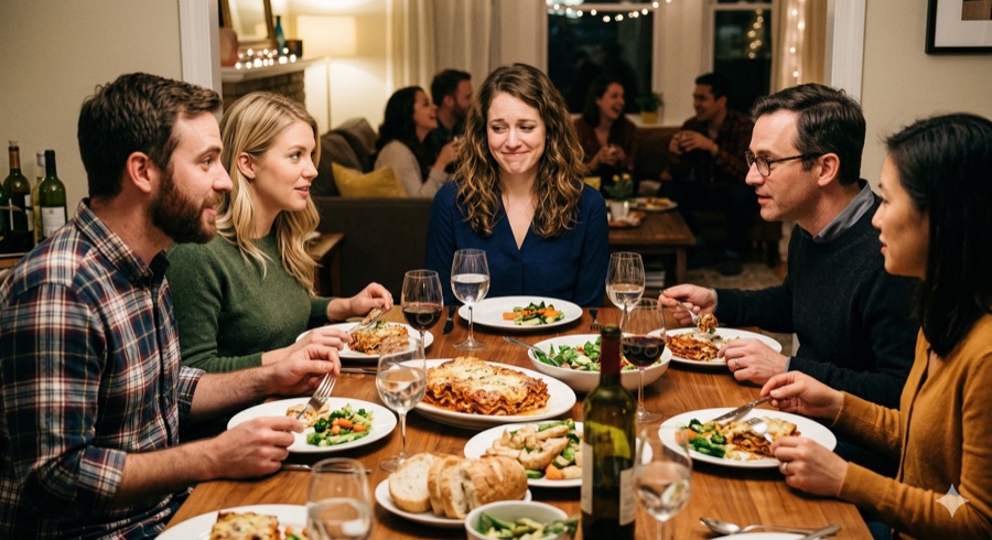 Guest sitting uneasily at a crowded dinner table