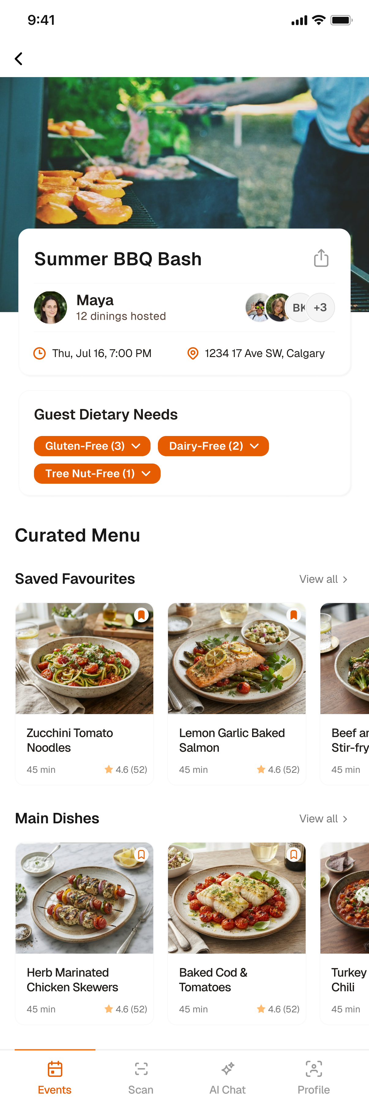 Event details screen showing guest dietary need counts and a menu already filtered against them