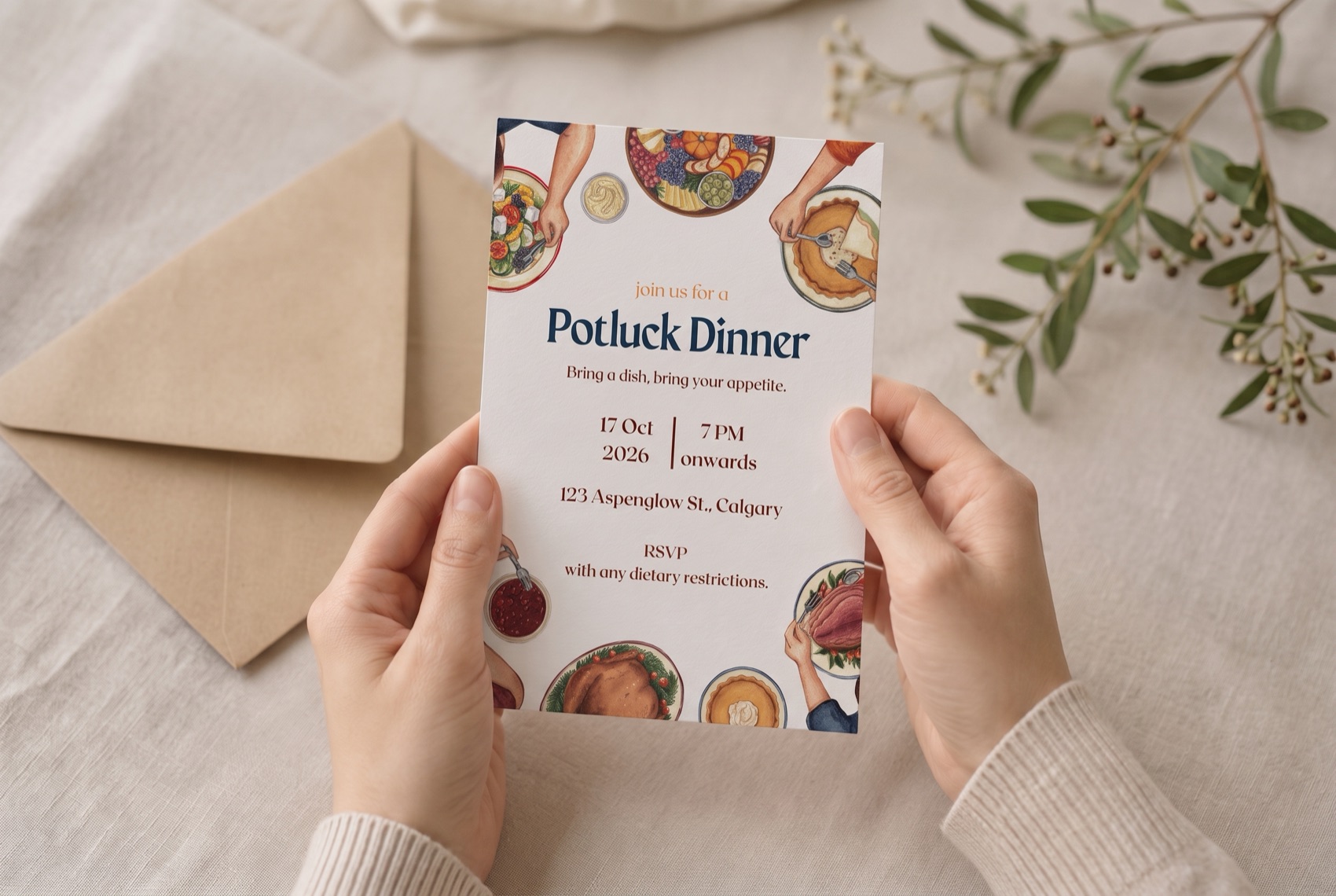 Two hands holding a potluck dinner invitation over a table, the kind of gathering that quietly puts allergy conversations on the guest
